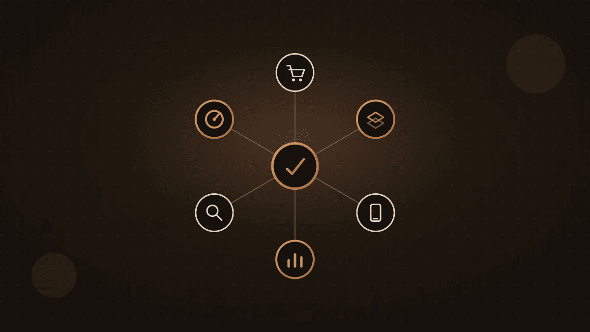 Six connected icons representing ecommerce strategy, storefront design, mobile commerce, analytics, SEO, and performance engineering