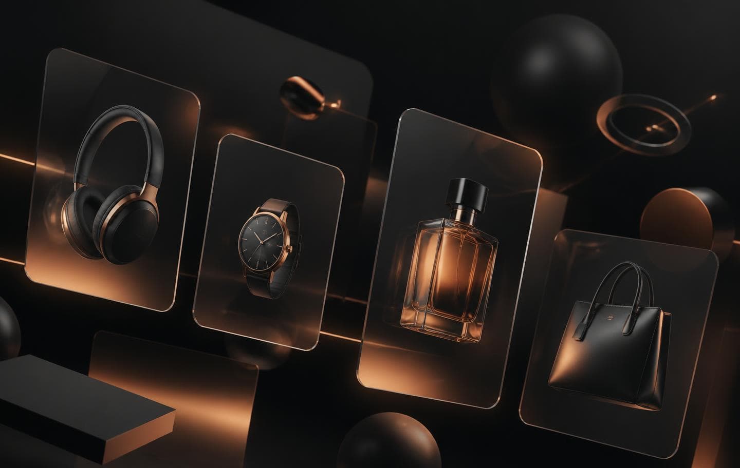 Premium ecommerce concept with floating product cards and copper lighting